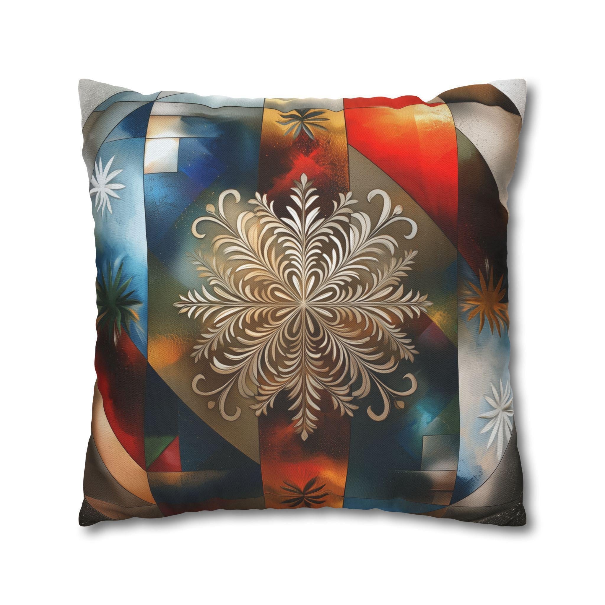 Snowflake Patriotic Square Pillowcase, Christmas Seasonal Throw Pillow Cover, Red White Blue Holiday Decor