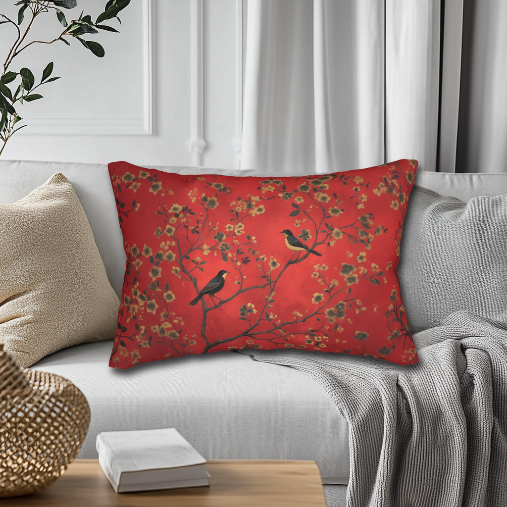 Elegant Chinoiserie Bird Lumbar Pillow: Vintage-Inspired Crimson, Black & Gold Floral Cushion Cover