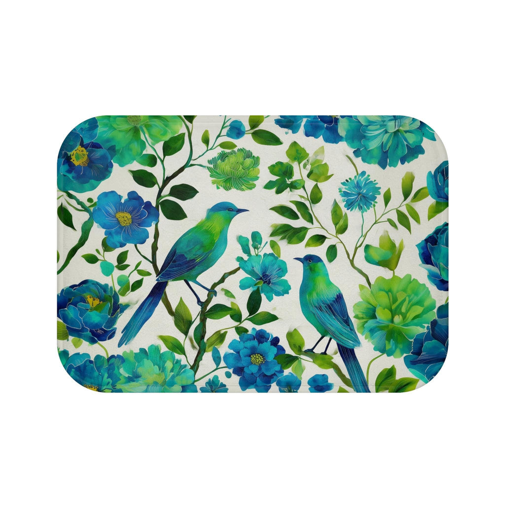 Elegant Chinoiserie Bath Mat: Blue-Green Bird & Floral Design for Stylish Bathroom Accent