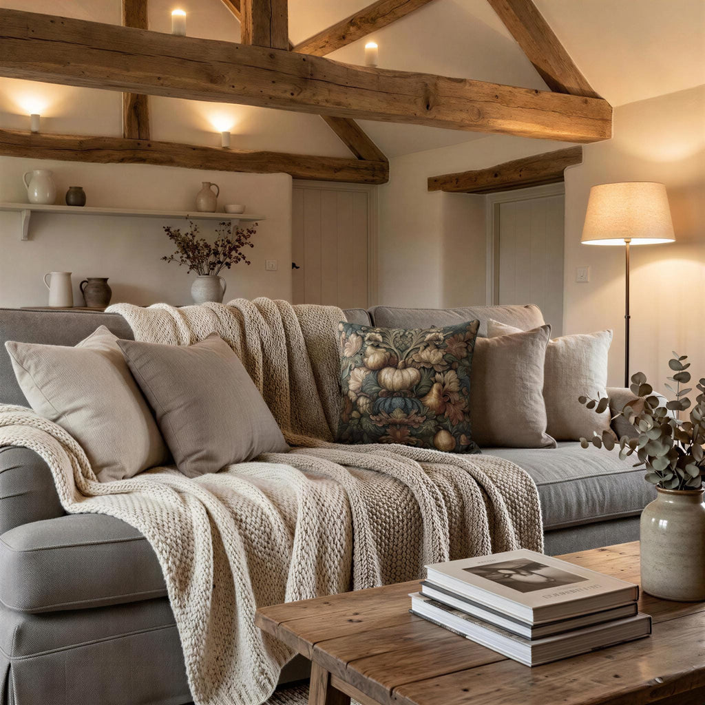 a cozy living room with a gray sofa adorned with throw pillows and a blanket, a wooden coffee table, and a lamp on a side table. The room has a rustic charm with exposed wooden beams and a vase of flowers on a shelf.