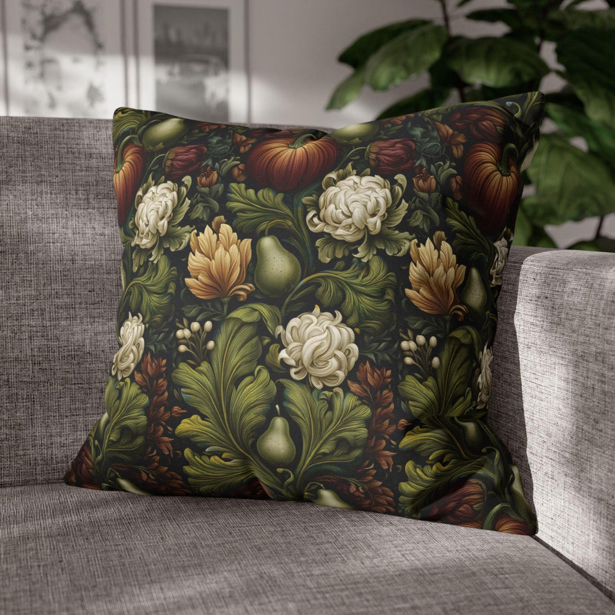 William Morris Inspired Fall Pillow Cover: Pumpkins, Pears, and Ivory Florals on Charcoal