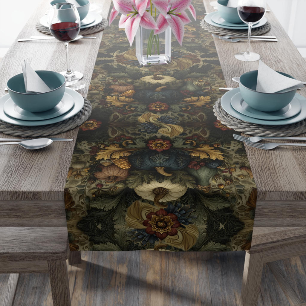 William Morris Inspired Autumn Harvest Tapestry Table Runner: Deep Teal with Ivory Blue & Gold