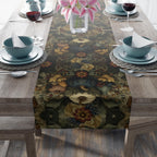 William Morris Inspired Autumn Harvest Tapestry Table Runner: Deep Teal with Ivory Blue & Gold