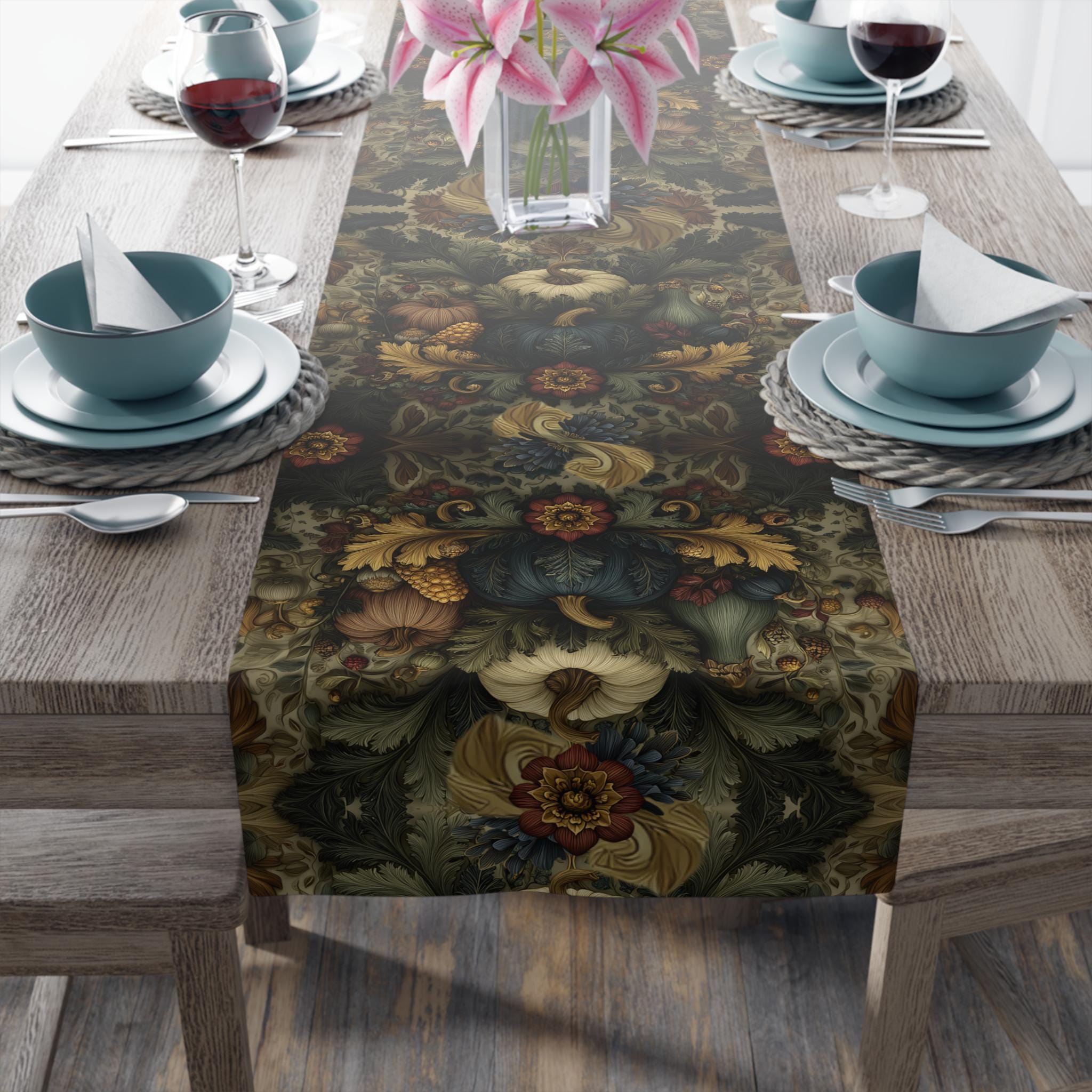 William Morris Inspired Autumn Harvest Tapestry Table Runner: Deep Teal with Ivory Blue & Gold