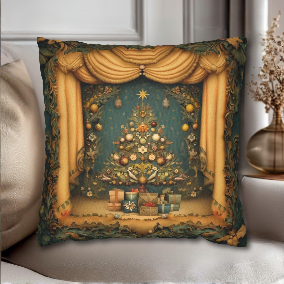 Vintage Art Nouveau Christmas Pillow Cover: Theatrical Tree, Golden Curtains, and Wrapped Gifts