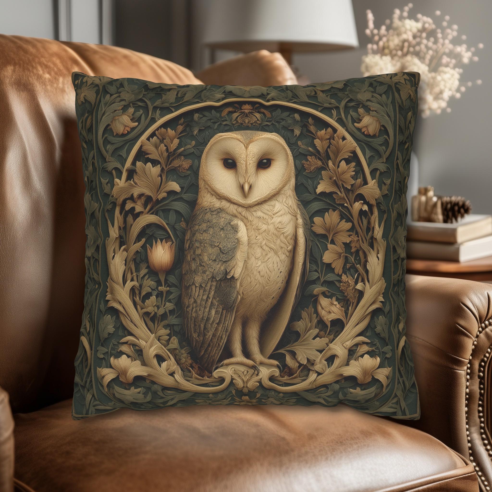 William Morris Style Pillow Cover: Woodland Owl in Moss Green & Antique Gold