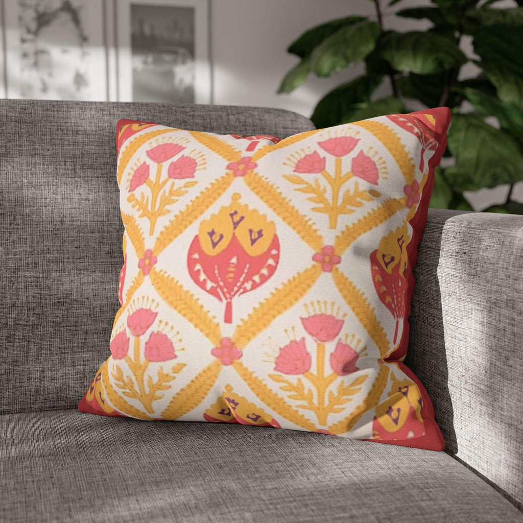 Reversible Floral Pillowcase: Pink & Coral Blossoms with Diamond Lattice - Decorative Home Accent Gift