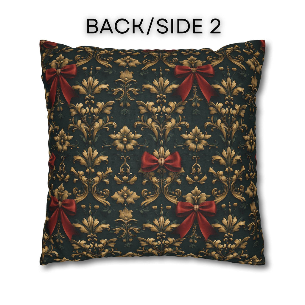 Gold Damask Christmas Pillow Cover with Printed Red Bow: Holiday Decor