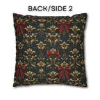 Gold Damask Christmas Pillow Cover with Printed Red Bow: Holiday Decor