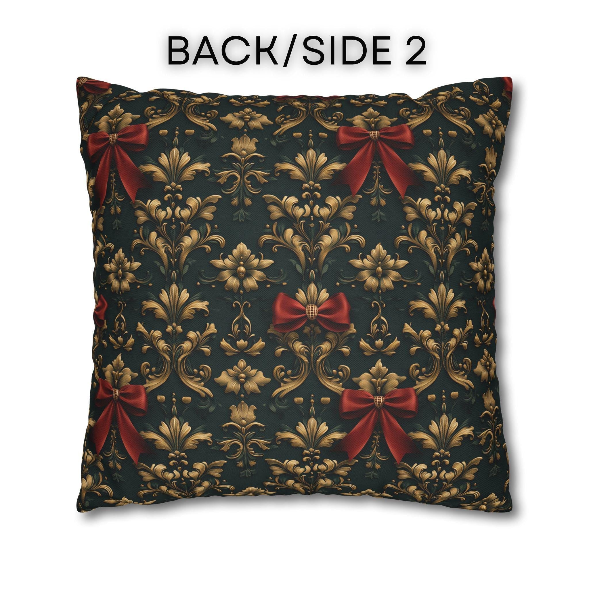 Gold Damask Christmas Pillow Cover with Printed Red Bow: Holiday Decor