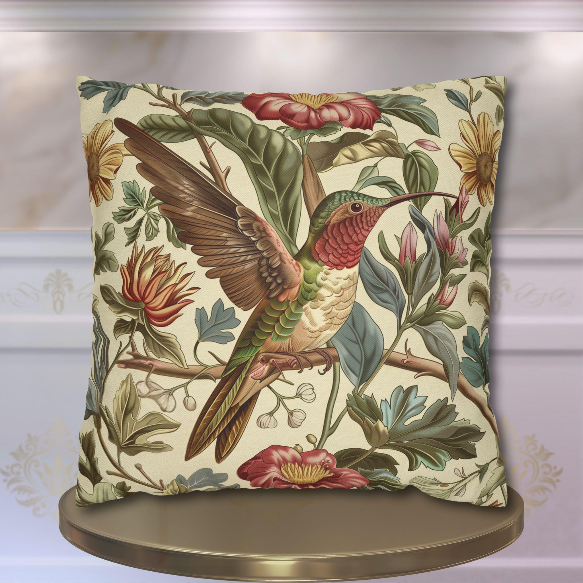 Vintage  Style William Morris Hummingbird Botanical Pillow Cover: Traditional Floral Bird Cushion Home Accent