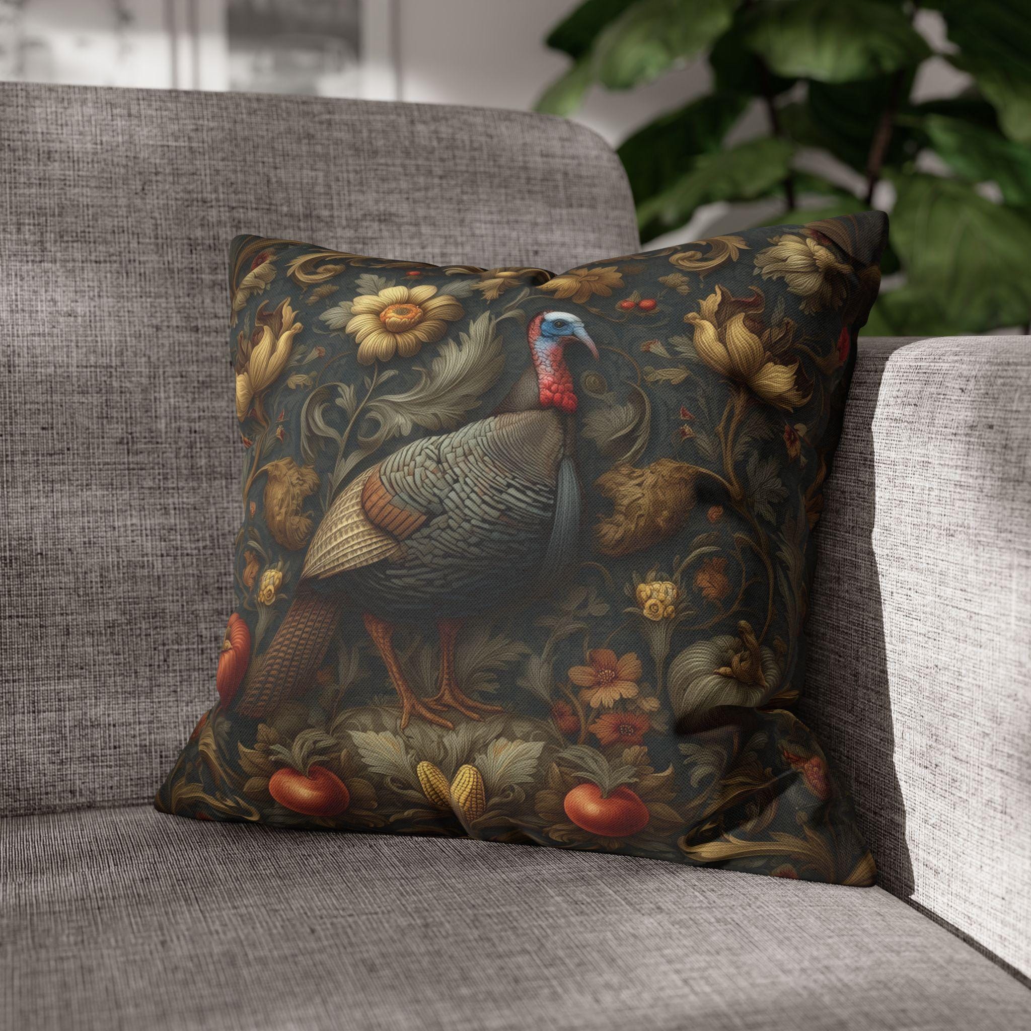William Morris Wild Turkey Tapestry Pillow Cover: Autumn Harvest Thanksgiving Decor