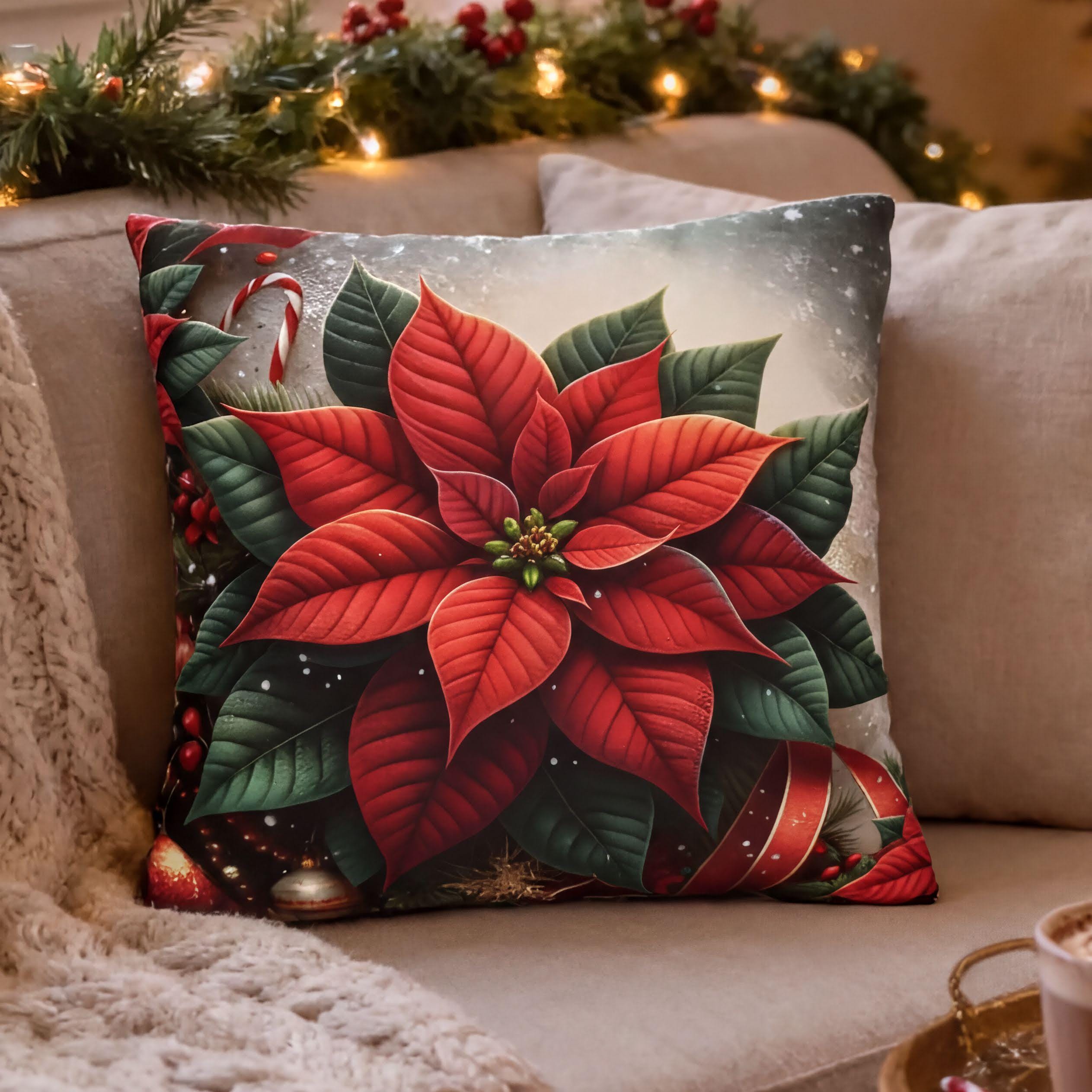 Festive Poinsettia Christmas Pillow Cover: Hypoallergenic Holiday Cushion Case in 4 Sizes