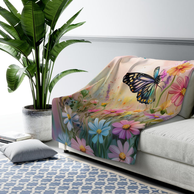 Butterfly Throw Blanket Pastel Wildflowers Spring Nature Art Cozy Couch or Bed Accent