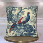 French Country Blue Pheasant Pillow Cover: Vintage Toile Bird and Botanical Design
