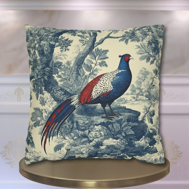 French Country Blue Pheasant Pillow Cover: Vintage Toile Bird and Botanical Design