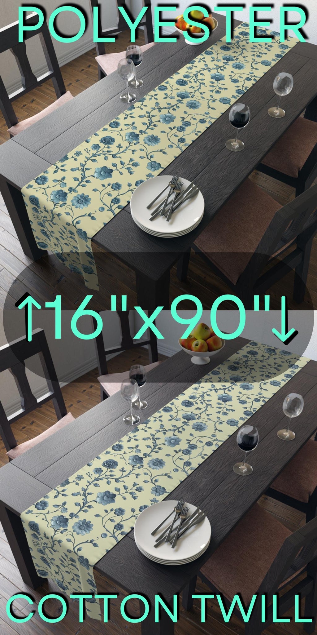 Teal Floral Chinoiserie Table Runner: Elegant Botanical Dining Decor on Buttery Yellow