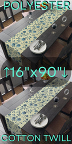 Teal Floral Chinoiserie Table Runner: Elegant Botanical Dining Decor on Buttery Yellow