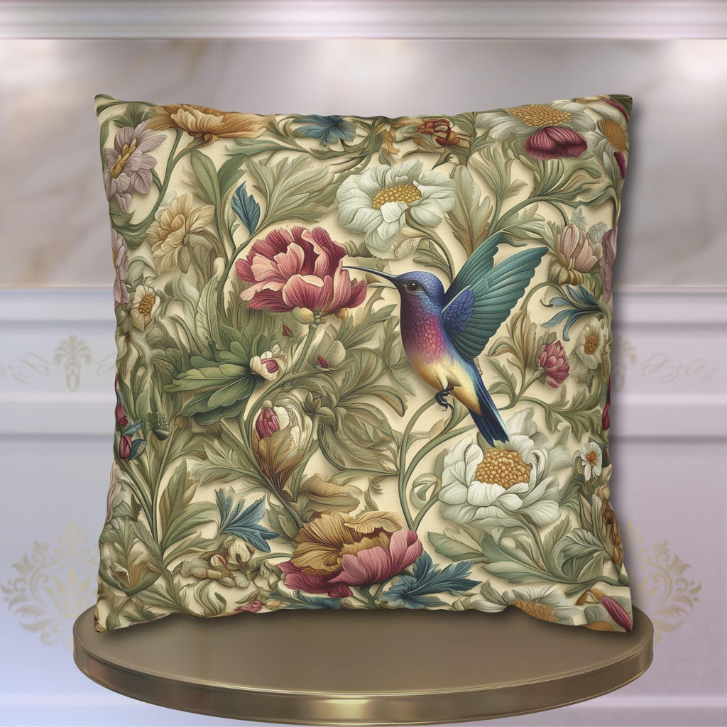 William Morris Inspired Botanical Pillow Cover: Vintage Style Hummingbird & Blooms