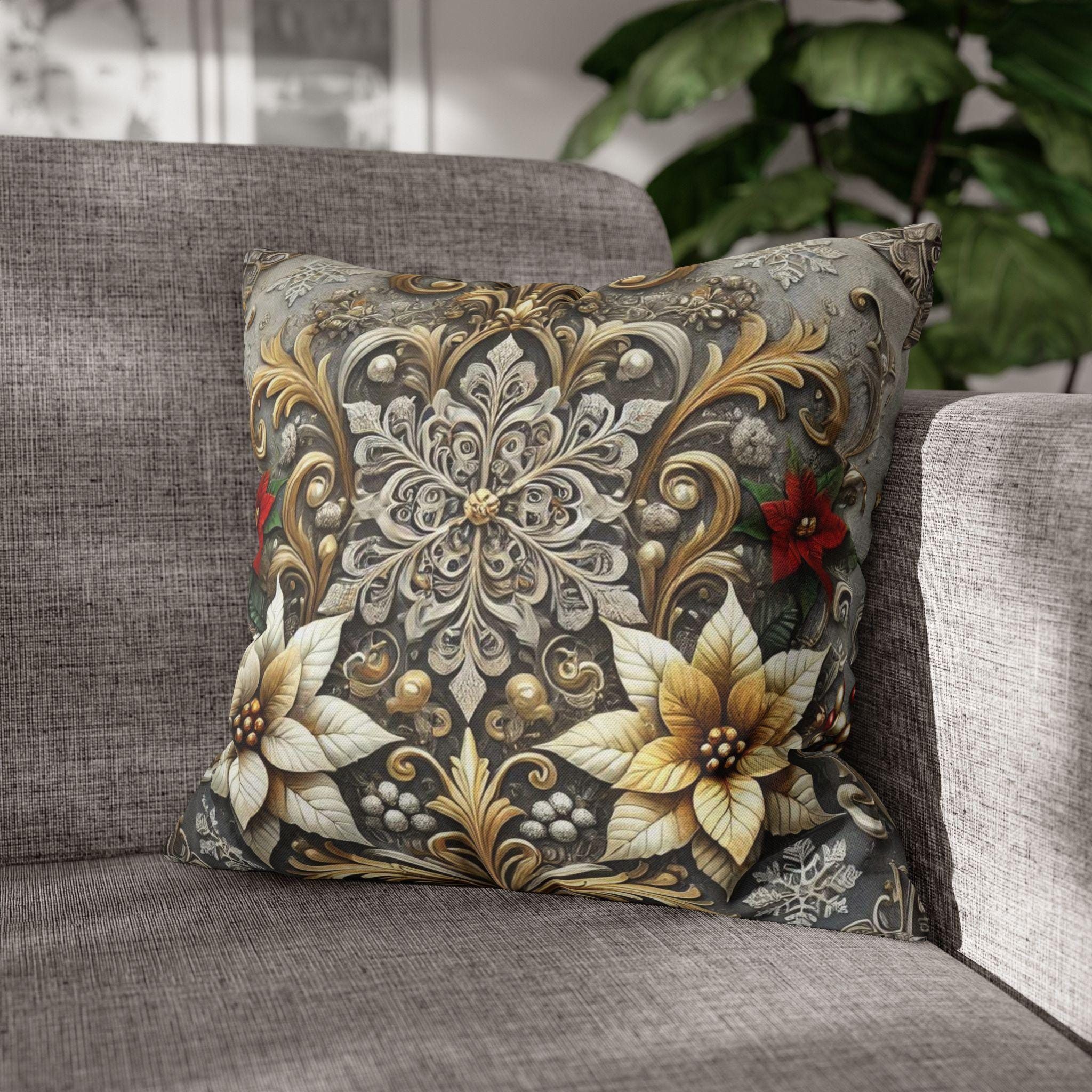 Luxurious Baroque Inspired Holiday Pillow Cover, Silver and Gold Snowflake Christmas Decor