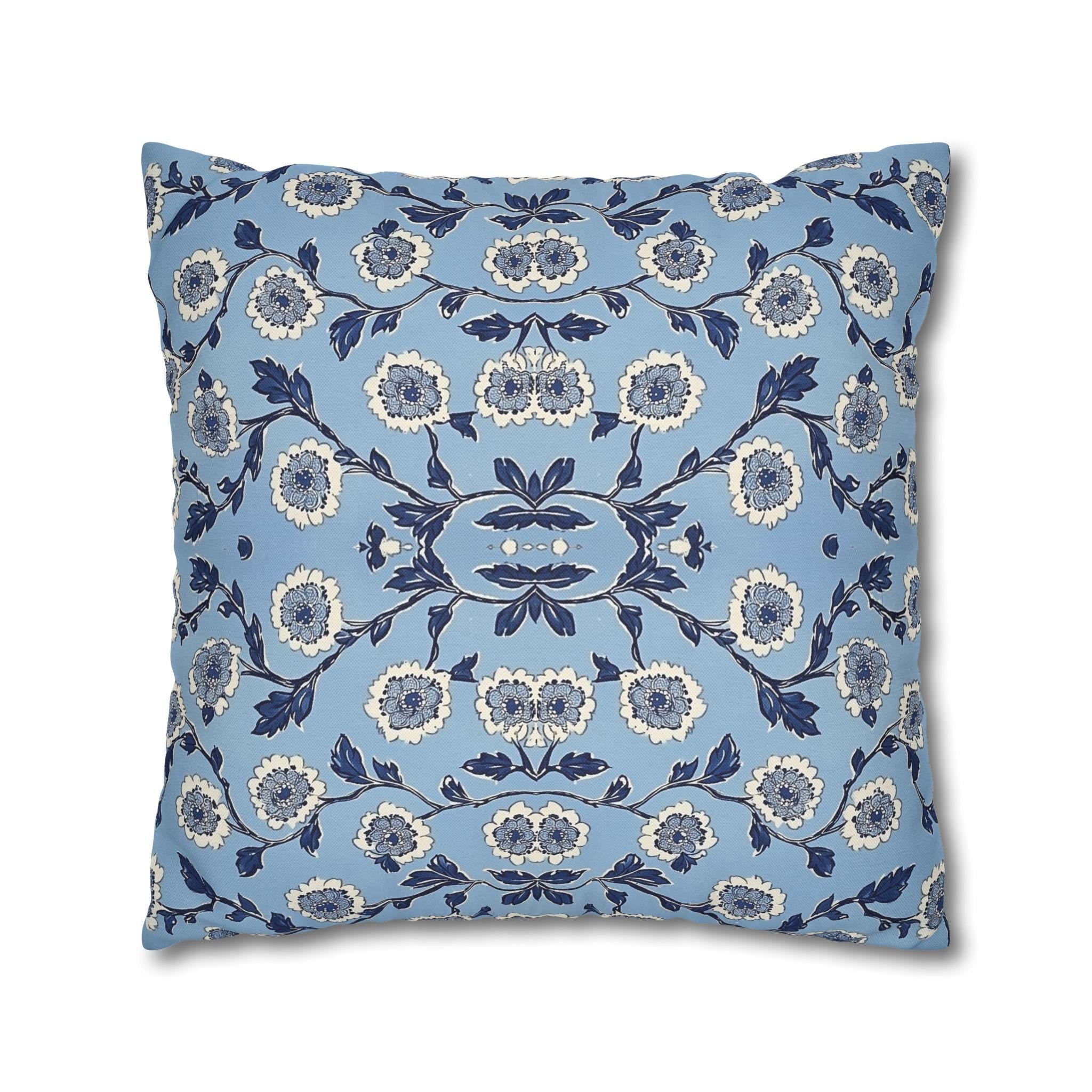 Elegant Chinoiserie Floral Pillowcase: Blue & White Square Cushion Cover for Home Decor