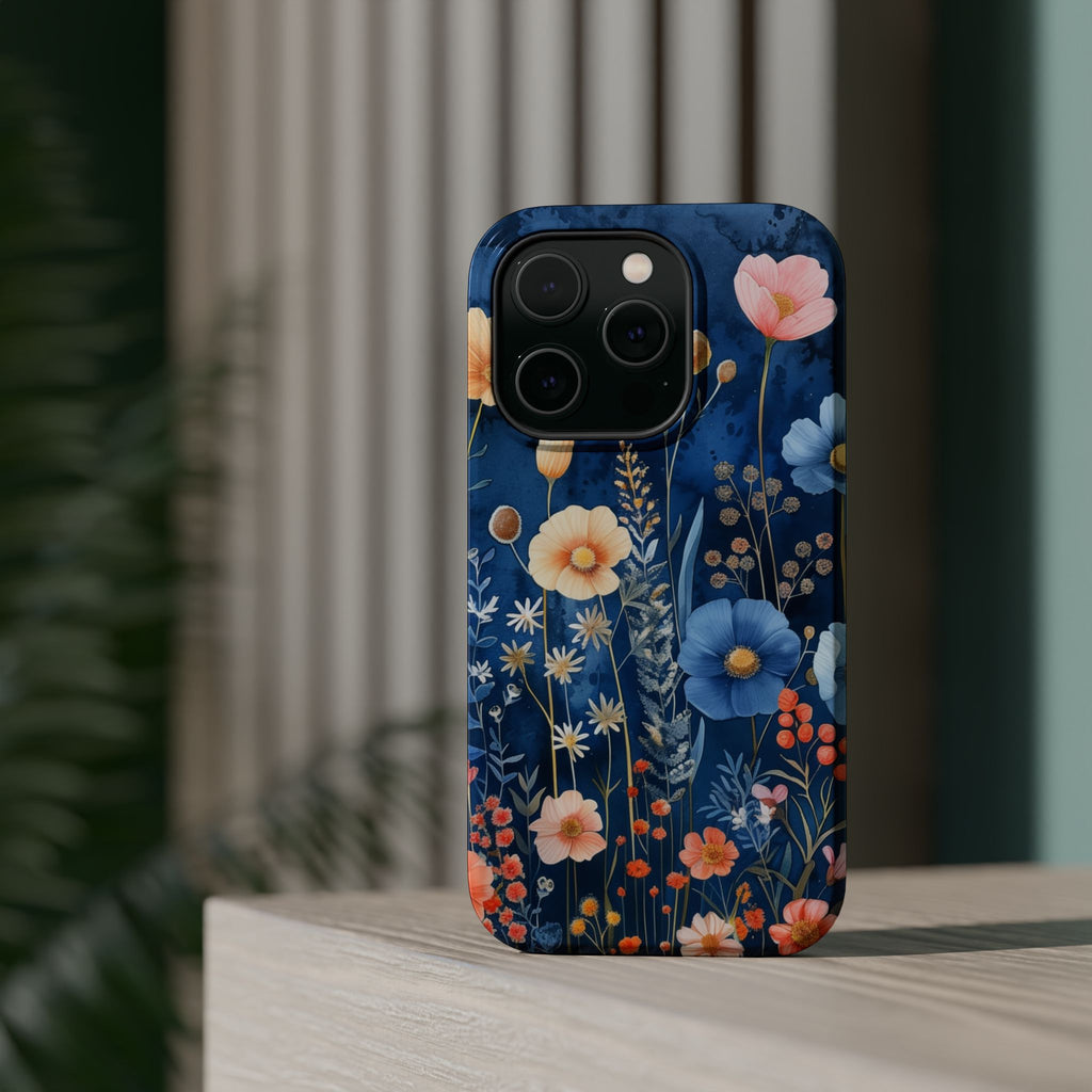Blue Wildflower MagSafe iPhone Case: Dreamy Floral Design 14 15 16 Pro Plus Max
