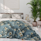 Chinoiserie Fleece Throw: Blue-Teal Gradient with Cream Cherry Blossom Design - Cozy Home Accent
