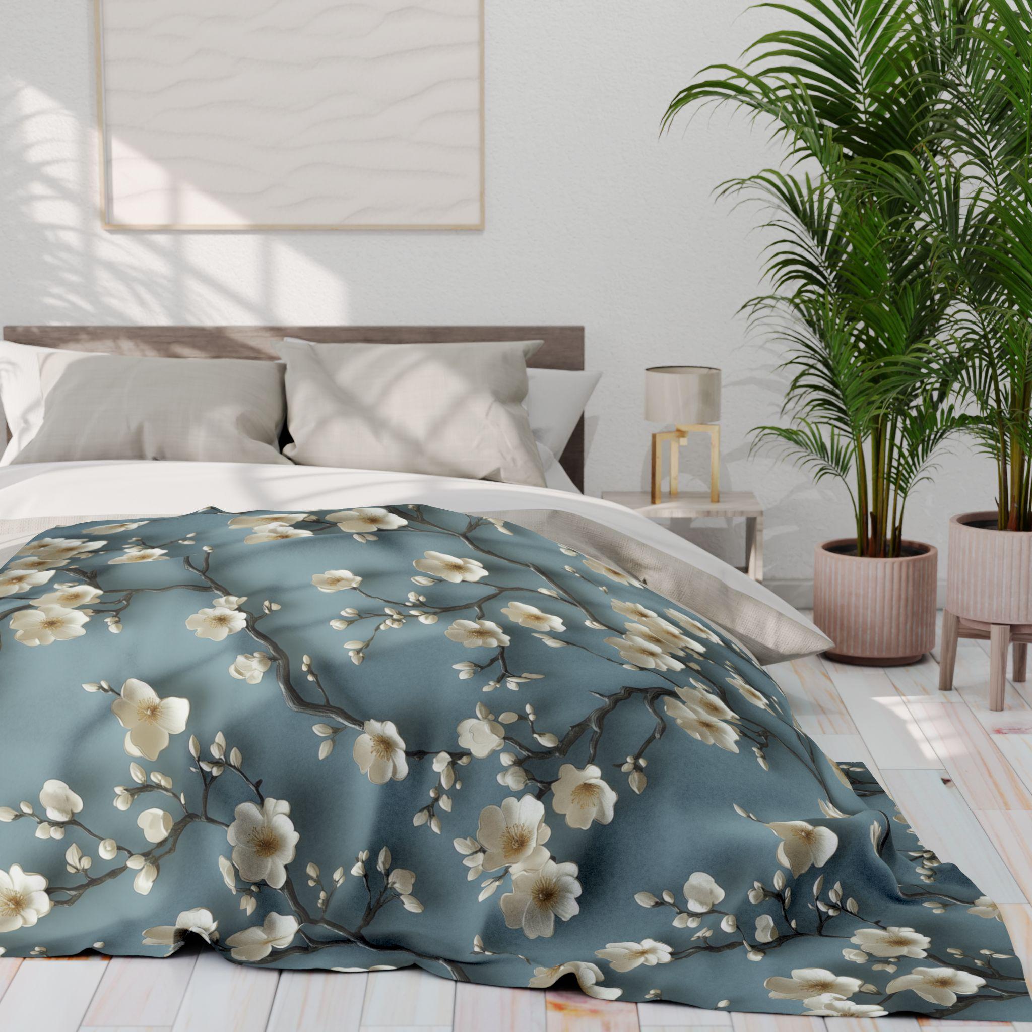 Chinoiserie Fleece Throw: Blue-Teal Gradient with Cream Cherry Blossom Design - Cozy Home Accent