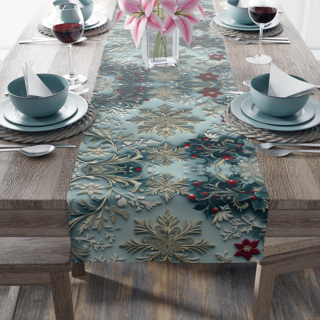 Elegant Blue Chinoiserie Christmas Table Runner: Snowflake & Holly Design for Holiday Dining Decor