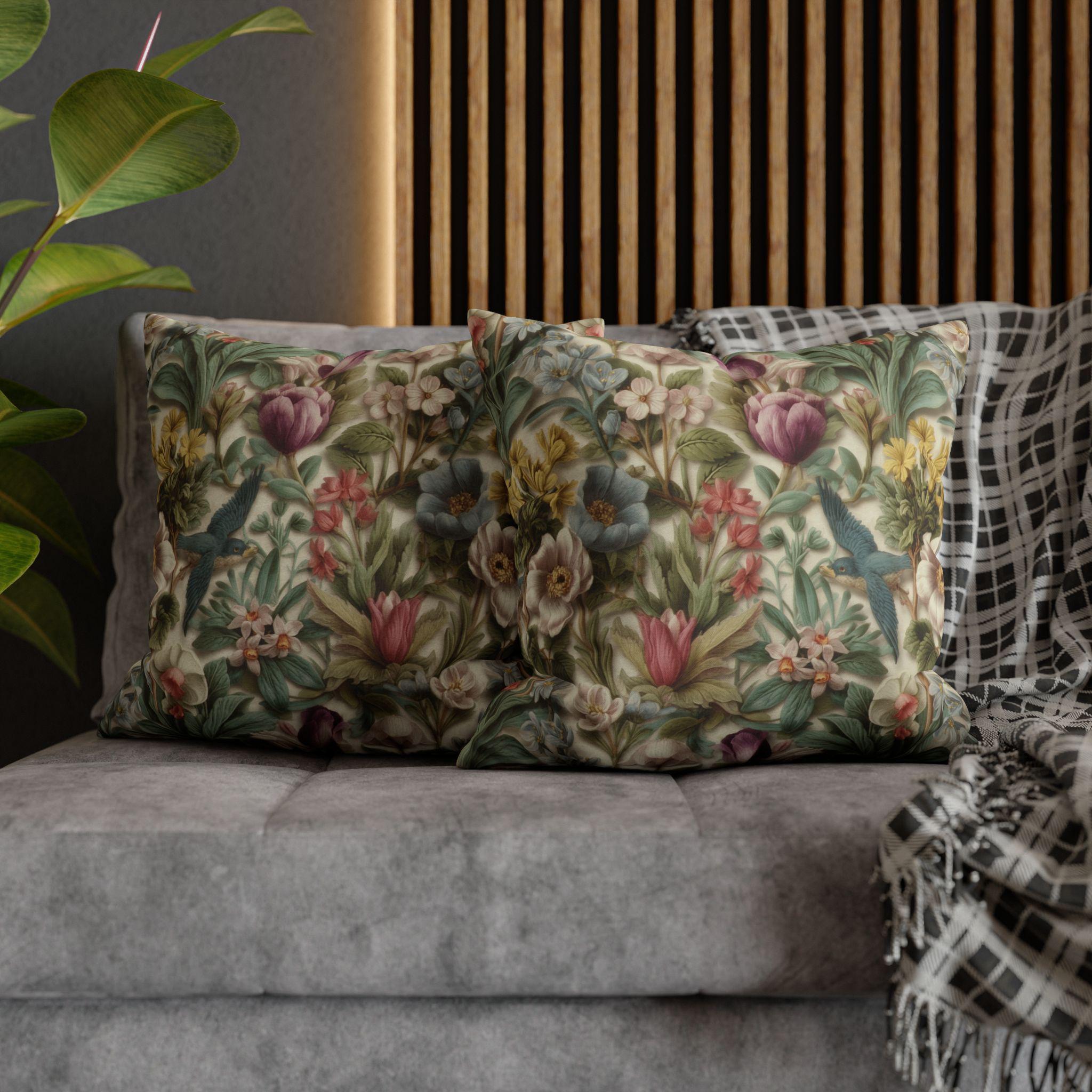 Stylized Botanical Pillow Cover: Floral & Songbird Garden in Soft Pastels
