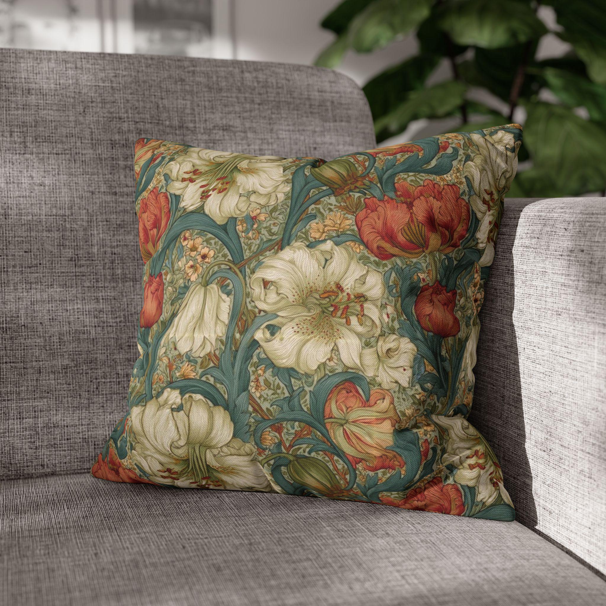 William Morris Style Pillow Cover: Ivory and Coral Lilies on a Celadon Background