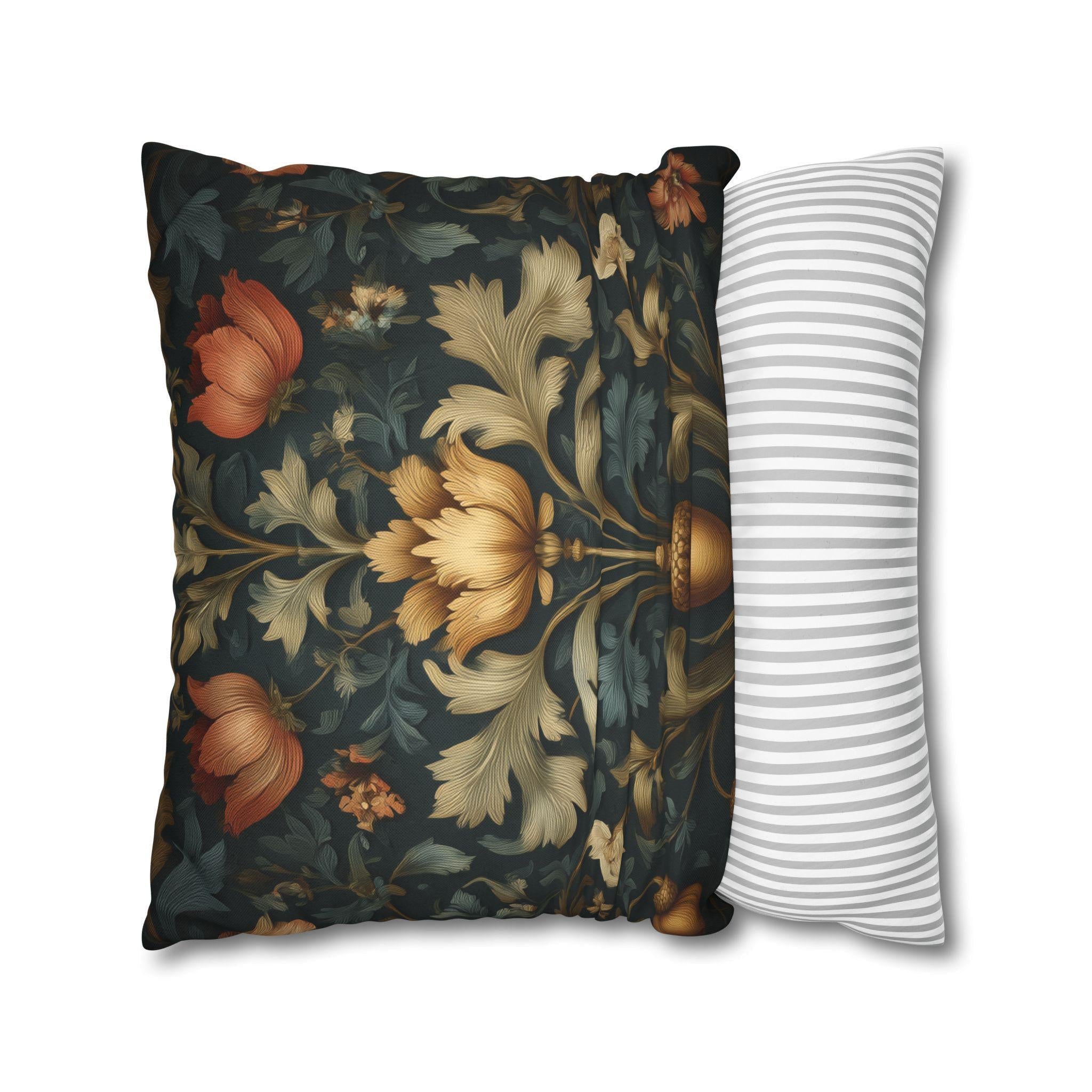 William Morris Inspired Fall Pillow Cover: Dark Teal Gold Rust Floral