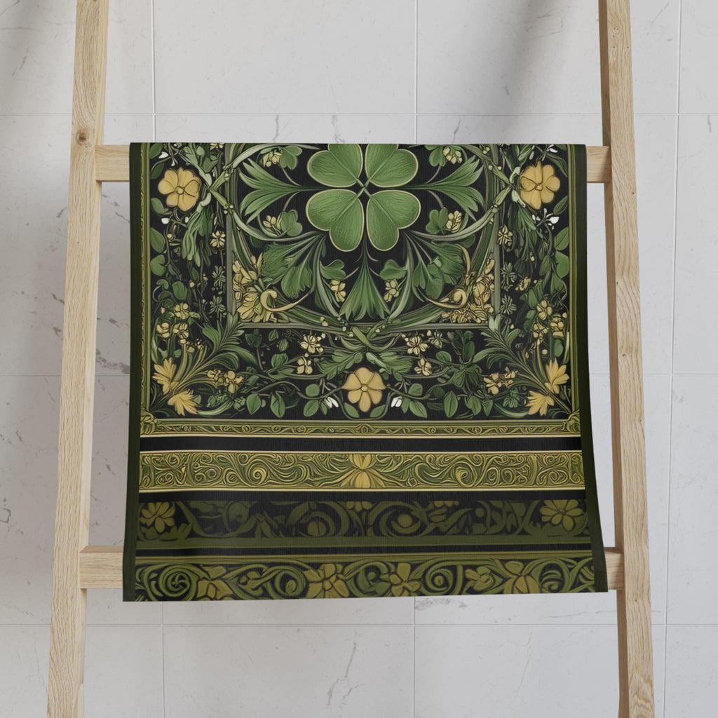 Celtic Clover Botanical Hand Towel: William Morris Inspired Green Tapestry for Bath or Kitchen