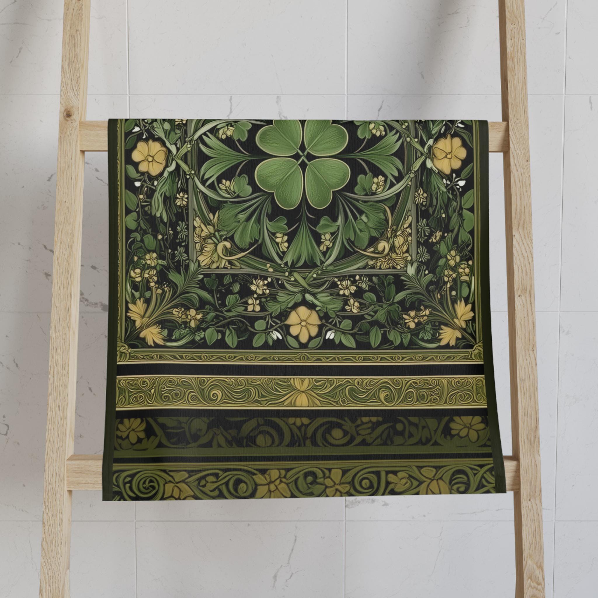Celtic Clover Botanical Hand Towel: William Morris Inspired Green Tapestry for Bath or Kitchen