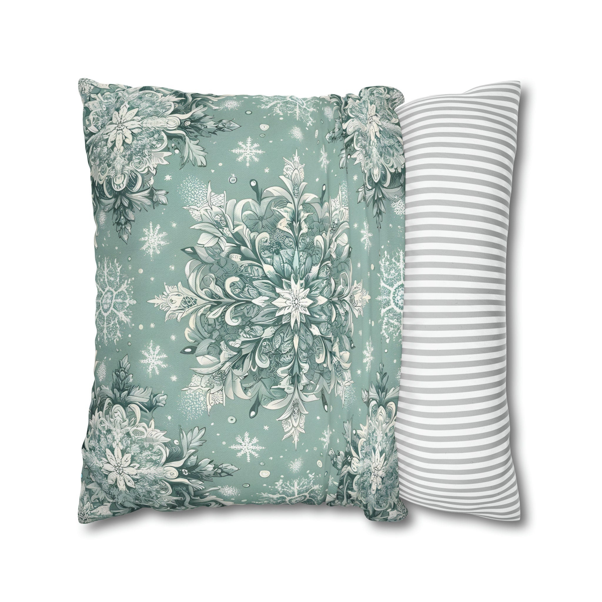 Vintage-Inspired Frosty Mint Snowflake Pillow Cover: Elegant Winter Home Decor with Intricate Design