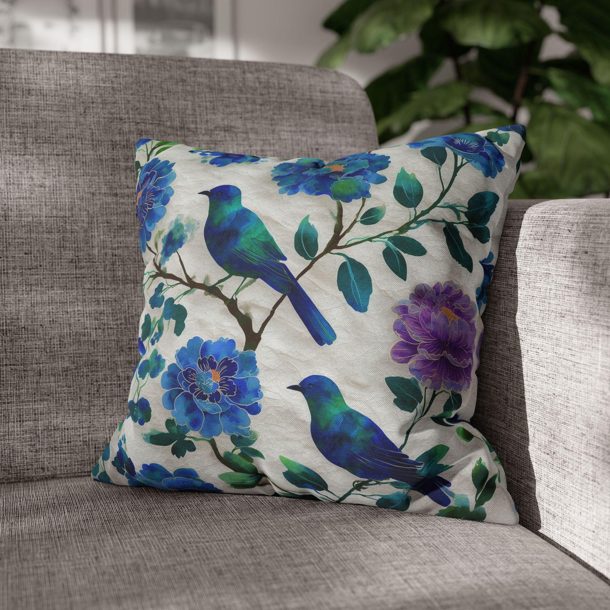 Chinoiserie Songbird Throw Pillow Cover: Cobalt, Teal, Violet - Multiple Sizes