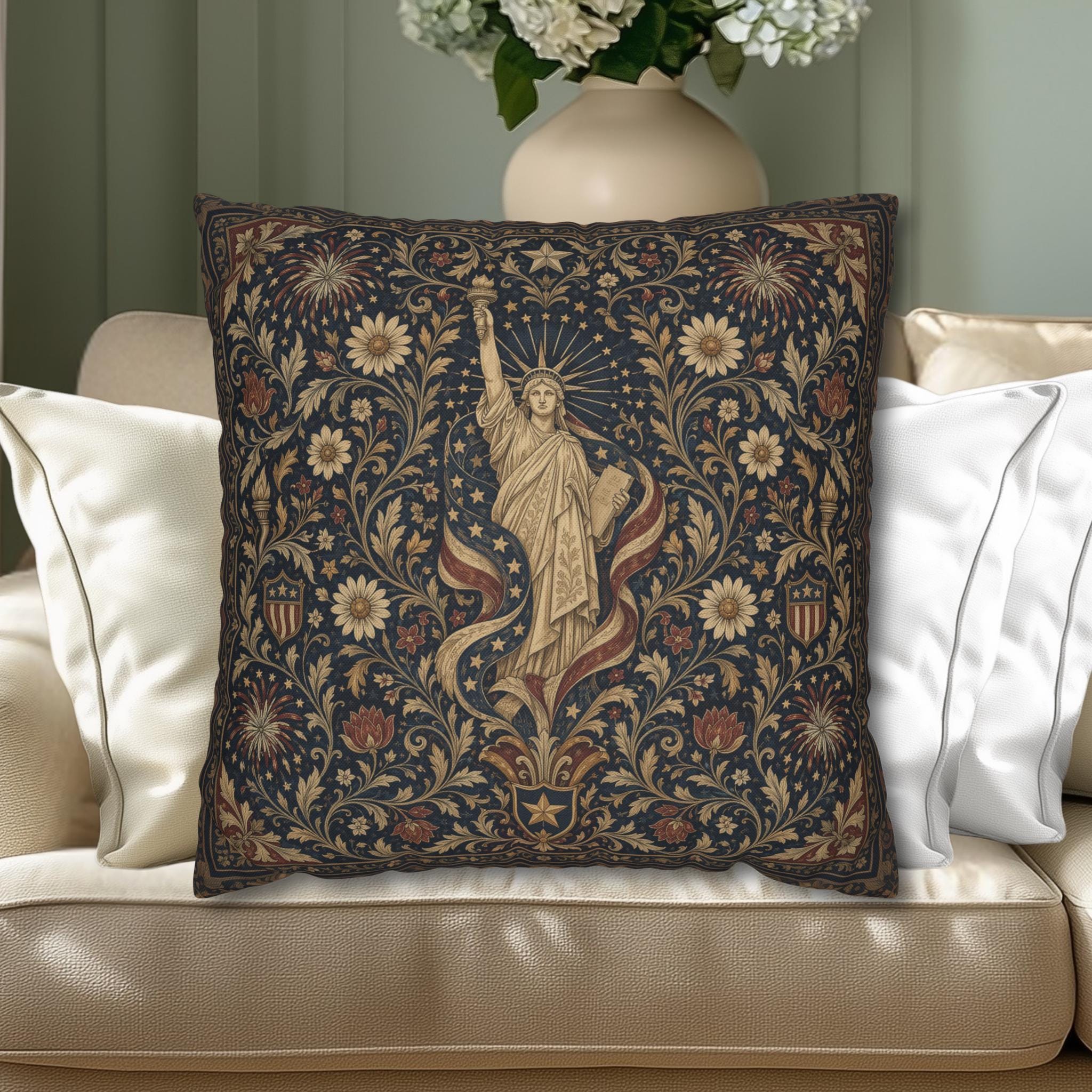 Patriotic Pillow Cover: Americana Statue of Liberty Botanical Design