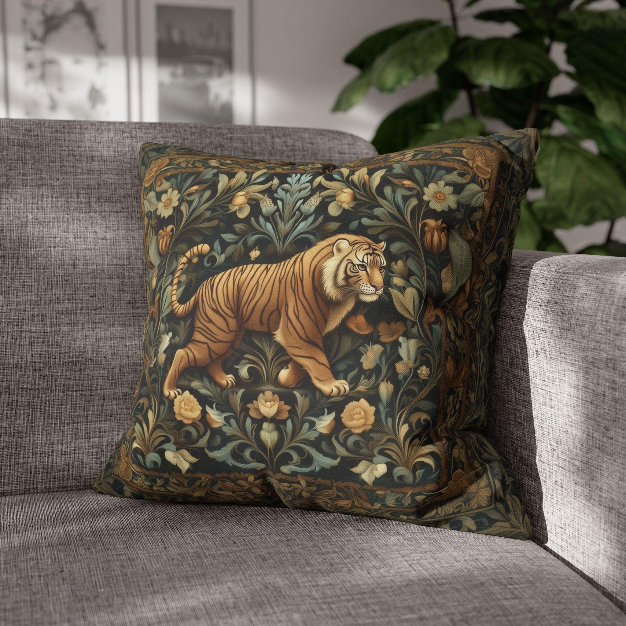 William Morris Inspired Tiger in the Garden Pillow Cover: Botanical Tapestry Accent