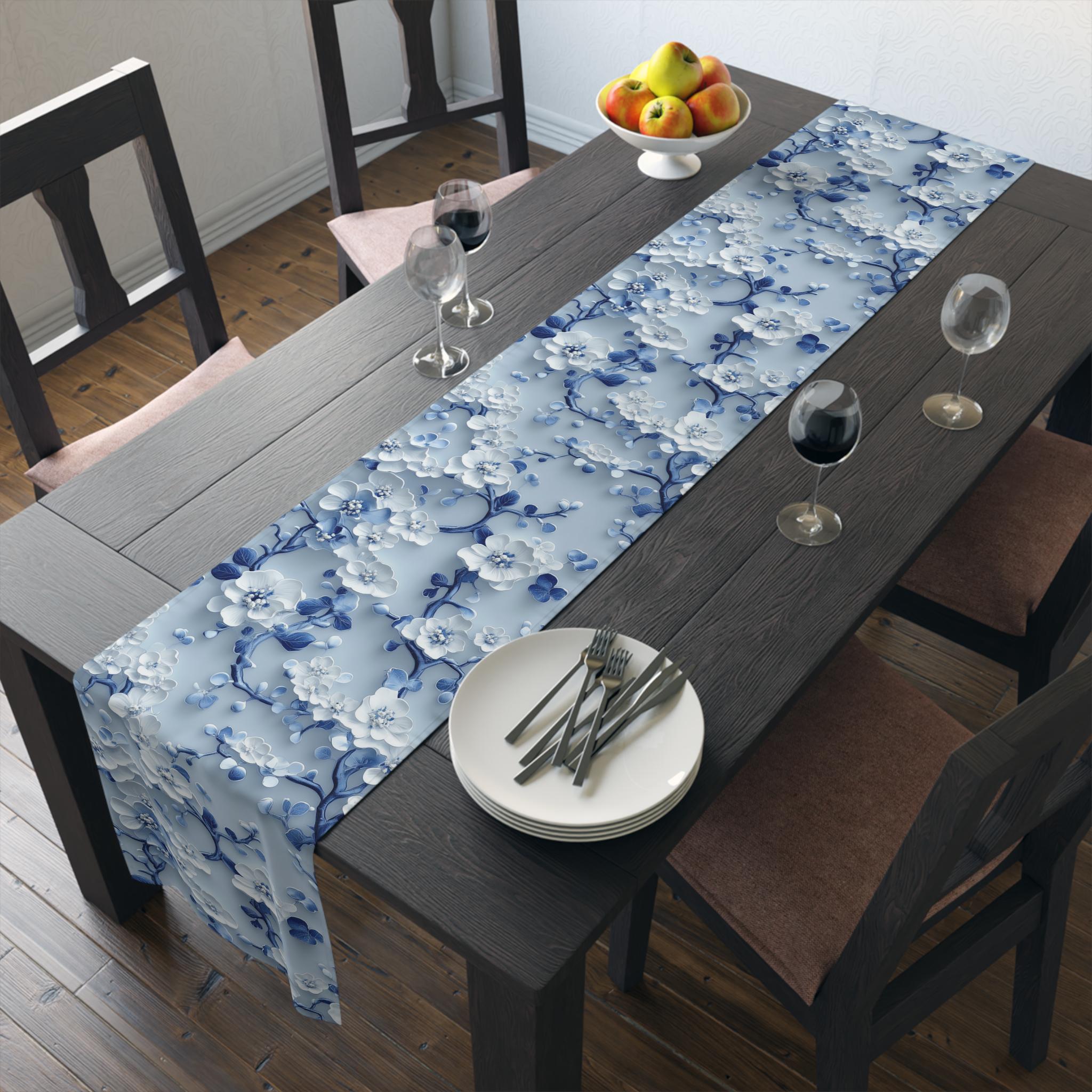Chinoiserie Table Runner | Blue & White Cherry Blossoms | Elegant Floral Design