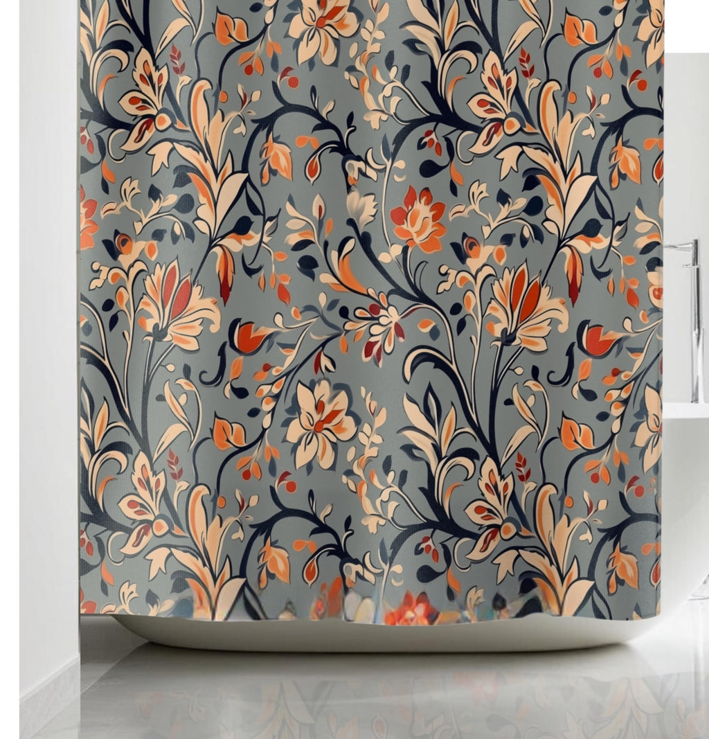 Vintage-Inspired Floral Shower Curtain: Warm Autumn Botanicals on Dusty Blue Background