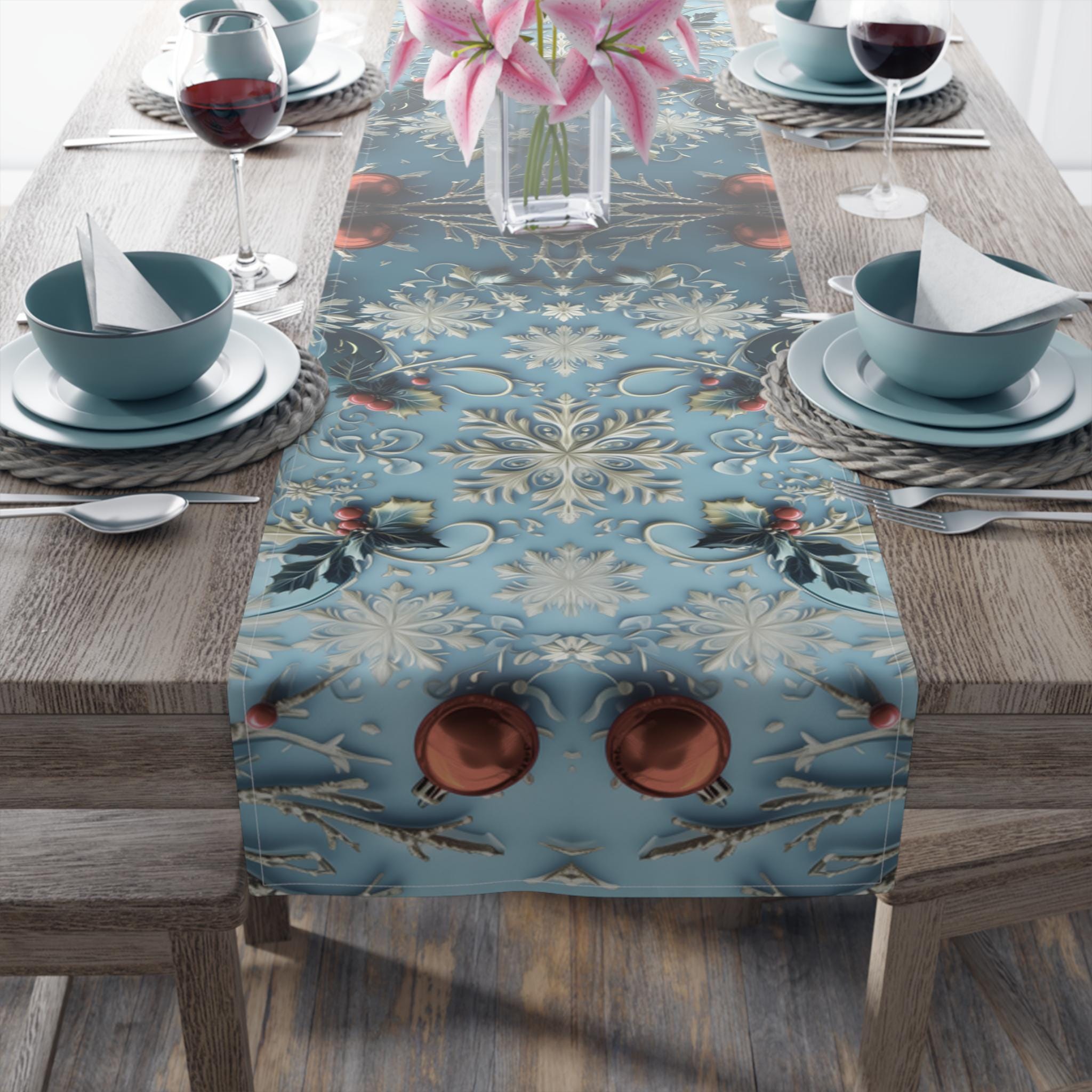 Winter Wonderland Table Runner Blue Aqua & Red Christmas Dining Holiday Centerpiece Festive Design