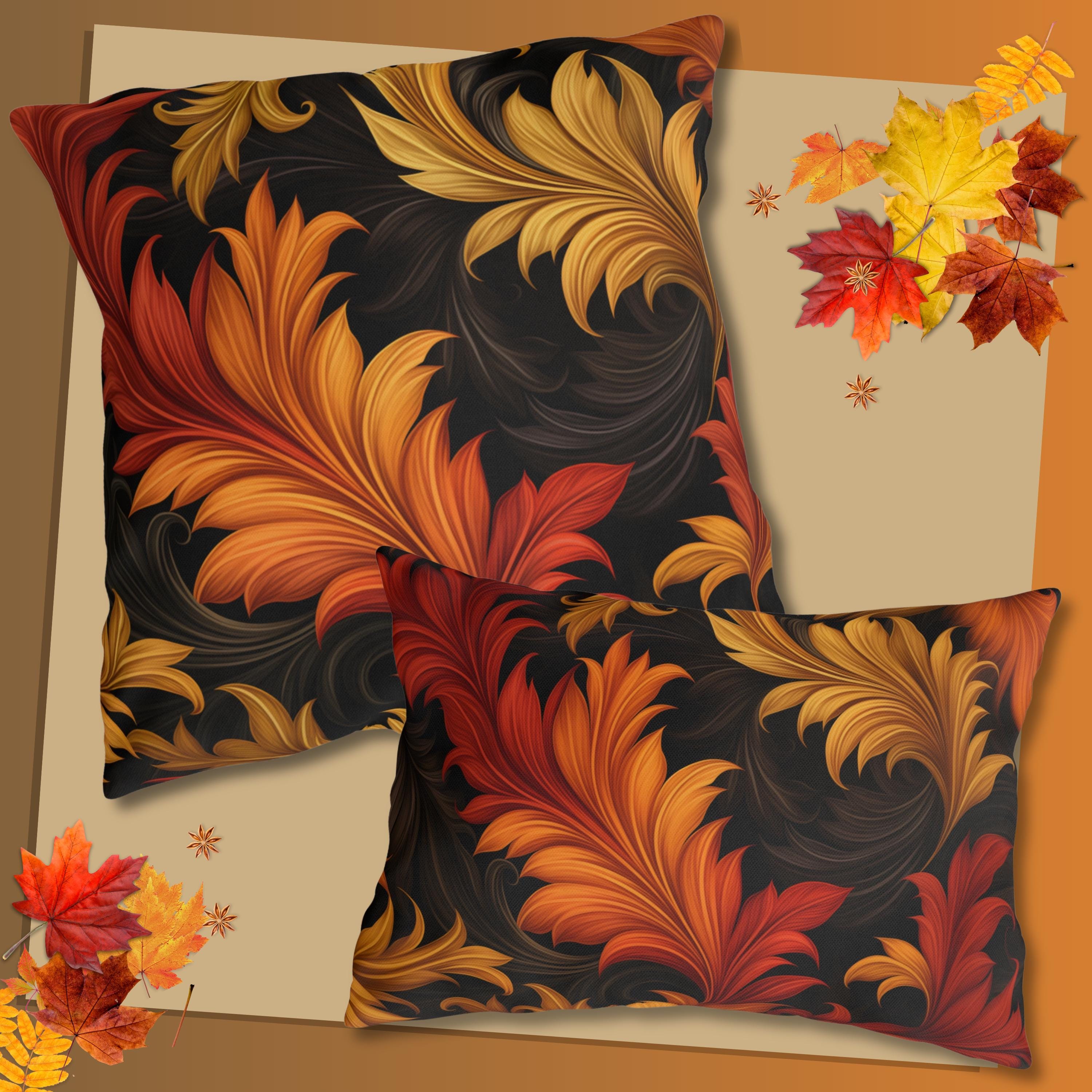 Autumn Leaf Outdoor Pillow: Red, Gold, Black - Weather Resistant