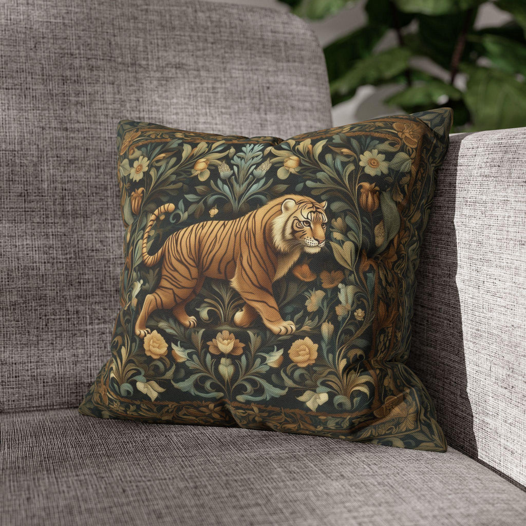 William Morris Inspired Tiger in the Garden Pillow Cover: Botanical Tapestry Accent