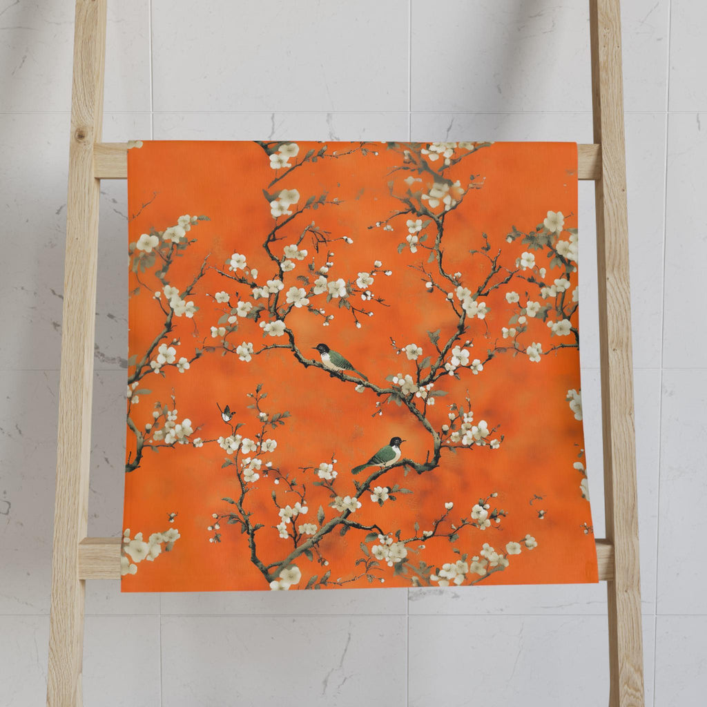 Chinoiserie Hand Towel: Burnt Orange with Blossoms and Birds for Asian-Inspired Decor