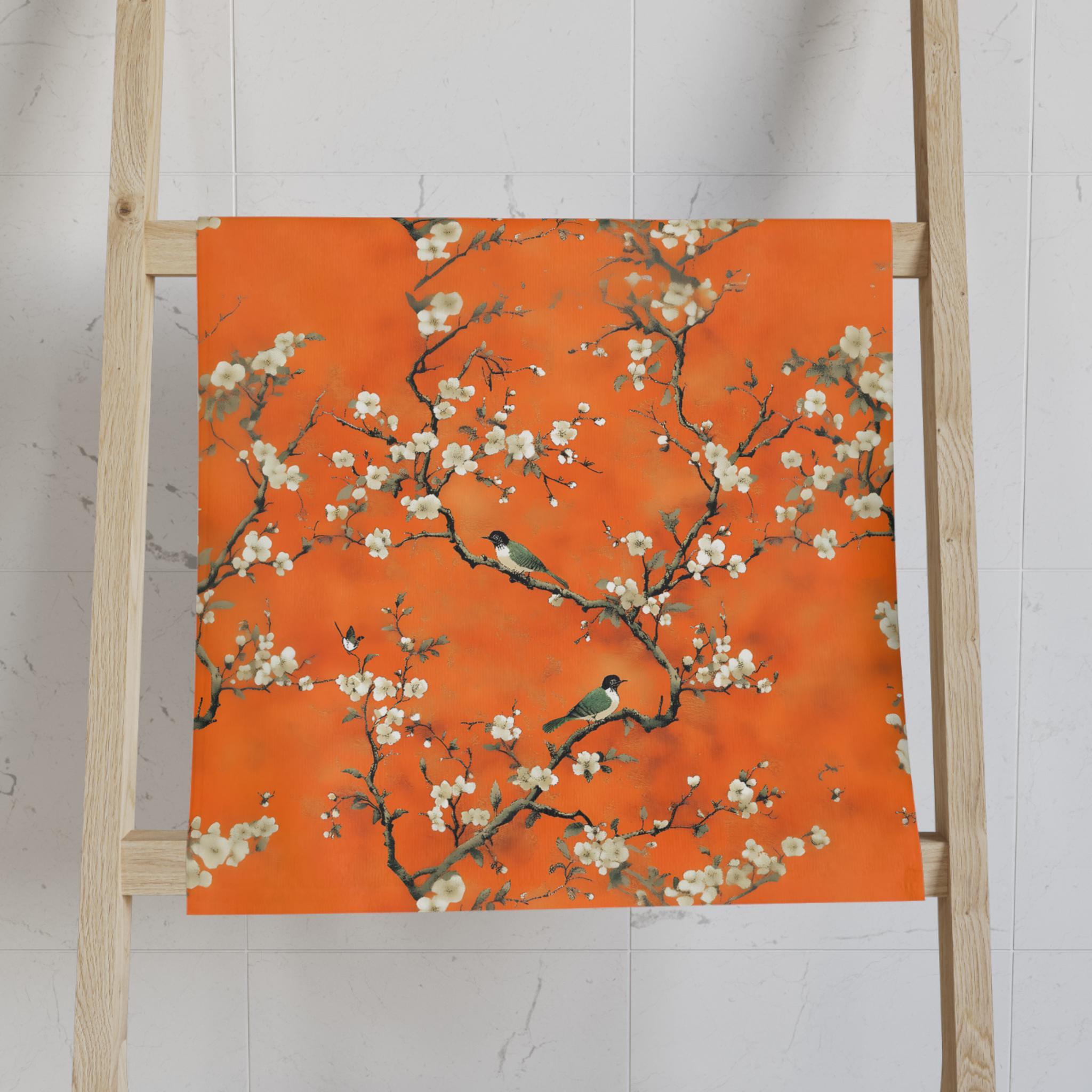 Chinoiserie Hand Towel: Burnt Orange with Blossoms and Birds for Asian-Inspired Decor