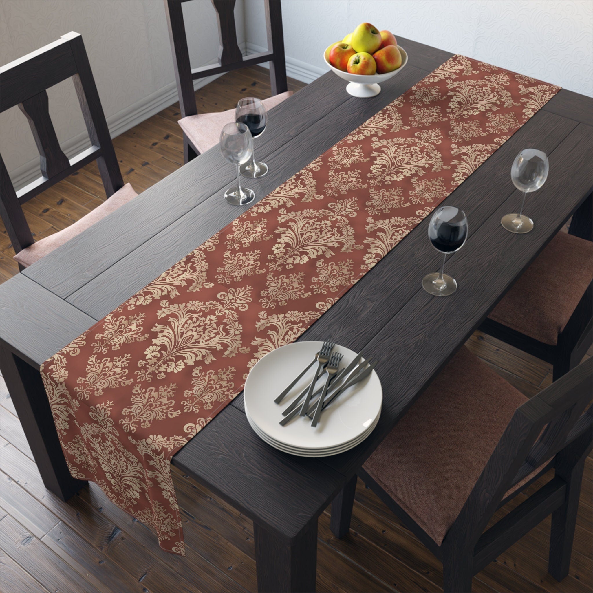 Red and Gold Damask Table Runner: Elegant Holiday Dining Decor