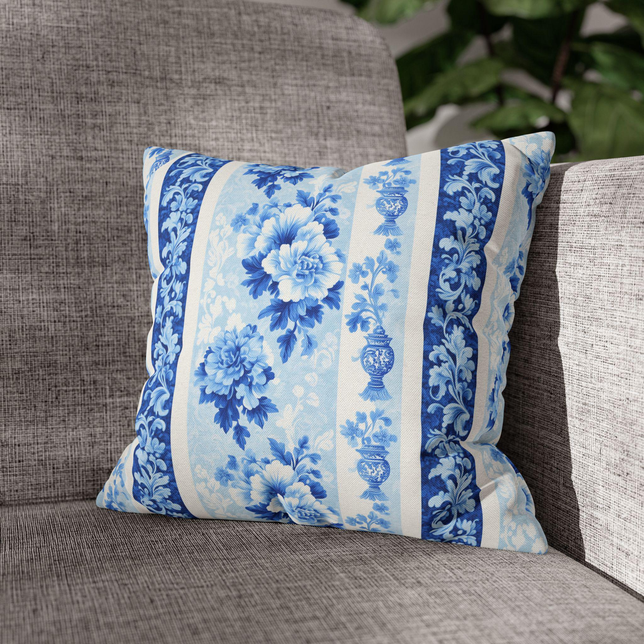 Elegant Chinoiserie Floral Pillowcase: Blue & White Striped French Country Home Decor Accent