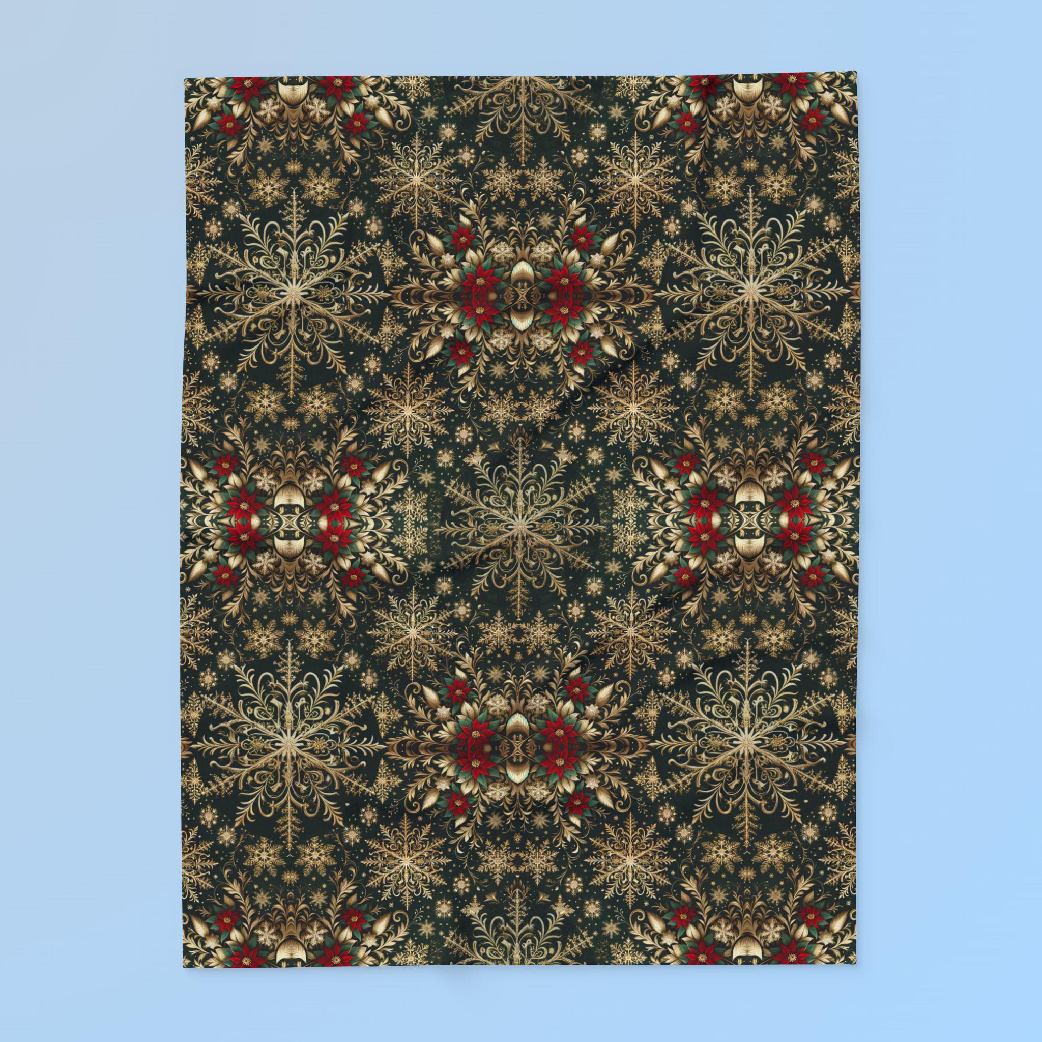 Elegant Golden Snowflake Poinsettia Fleece Blanket: Christmas Decor & Cozy Winter Gift
