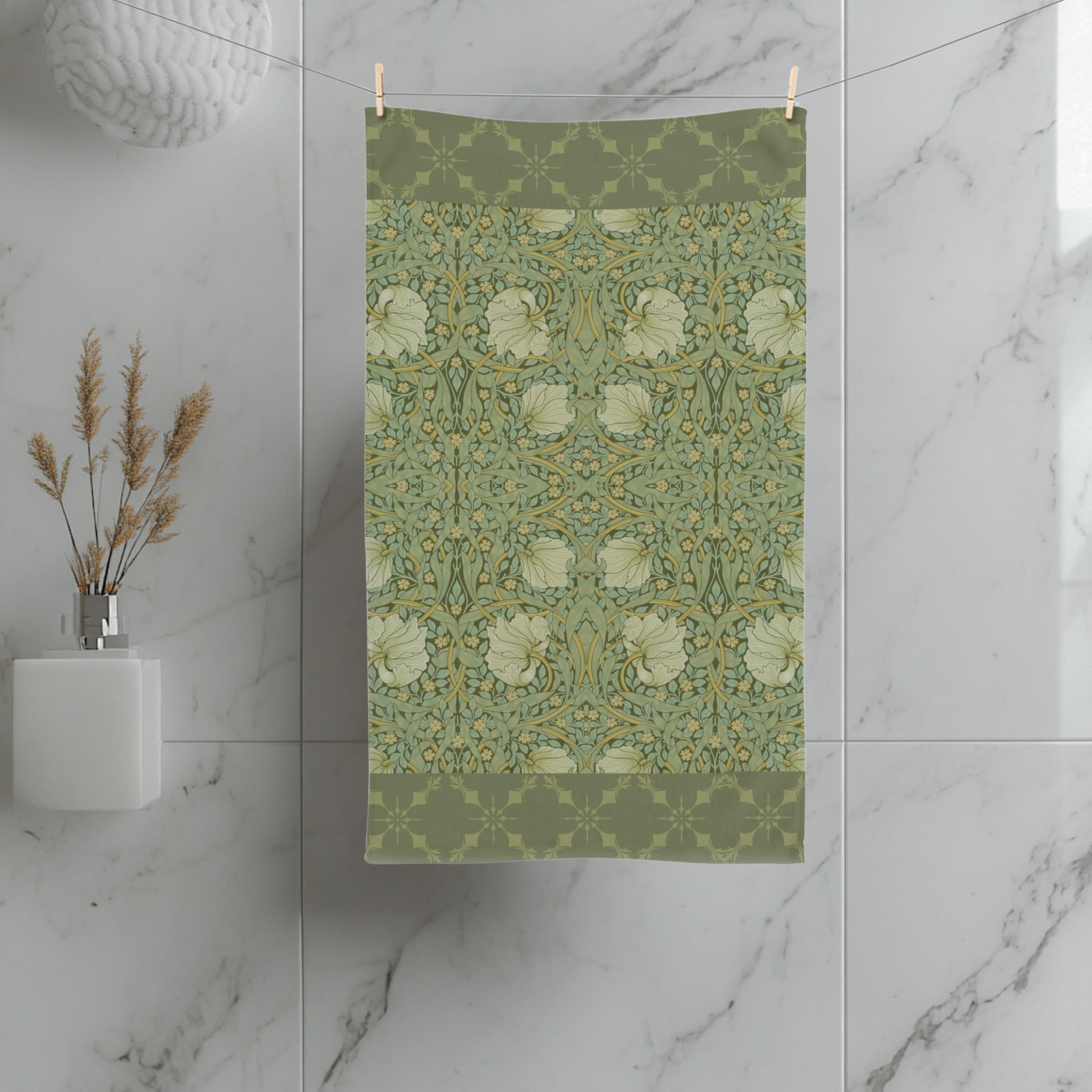 William Morris Pimpernel Hand Towel: Vintage Inspired Botanical Green Art Nouveau