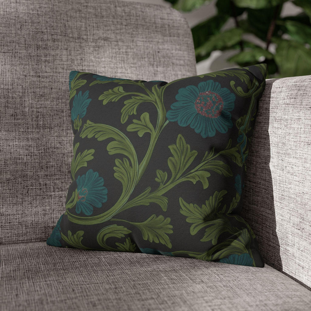 William Morris Pillow Cover: Lodden  Inspired  Charcoal with Olive & Teal Botanicals